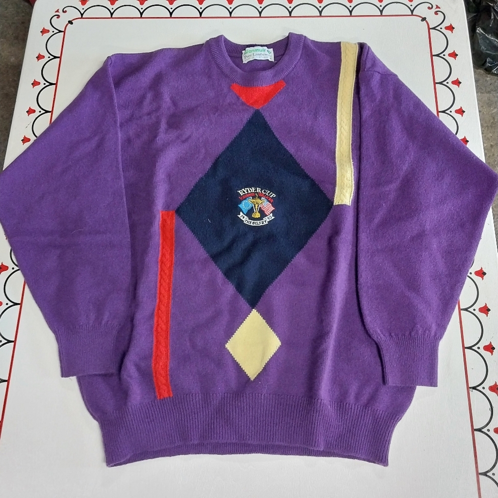 Vintage Glenmuir Pure Lambswool Purple Ryder Cup Sweater 93'